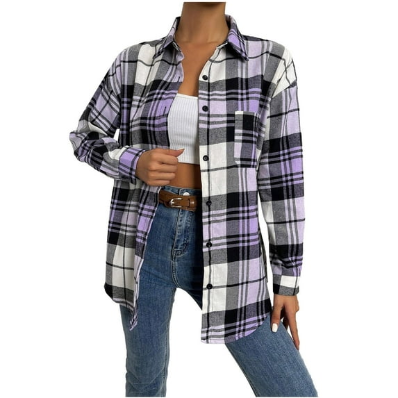 Aoujea Shacket Jacket for Women Casual Pockets Printed Long Sleeve Tops Jacket Plaid Coat on Clearance S-2XL