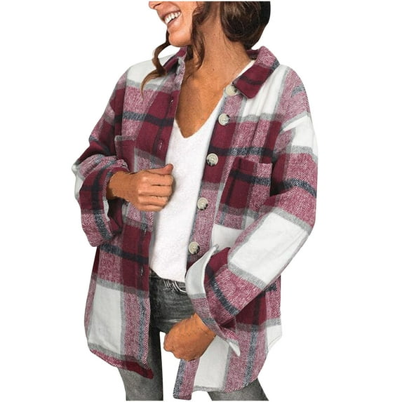 Aoujea Shacket Jacket for Women Fashion Long-Sleeved Plaid Loose Button Plaid Long Woolen Coat on Clearance S-3XL