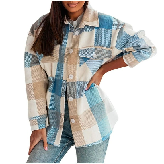 Aoujea Shacket Jacket for Women Winter Fashion Colorful Plaid Shirt Loose Casual Windproof Plaid Coat on Clearance S-2XL