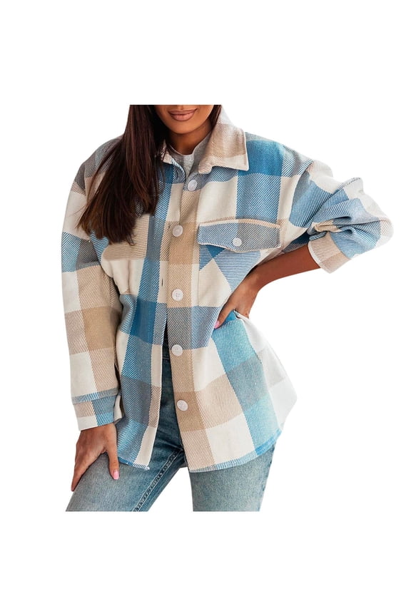 Aoujea Shacket Jacket for Women Winter Fashion Colorful Plaid Shirt Loose Casual Windproof Plaid Coat on Clearance S-2XL