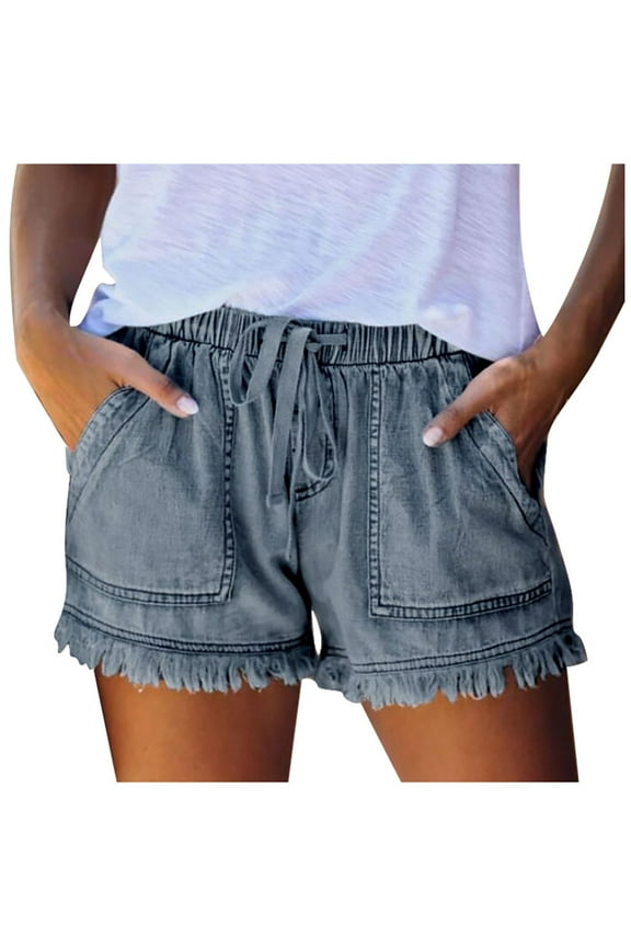 Aoujea Shorts for Women Summer High Waisted Elastic Waistline Drawstring Frayed Fringe Hem Jean Shorts Casual Stretchy Denim Shorts With Pocket on Clearance XS-2XL