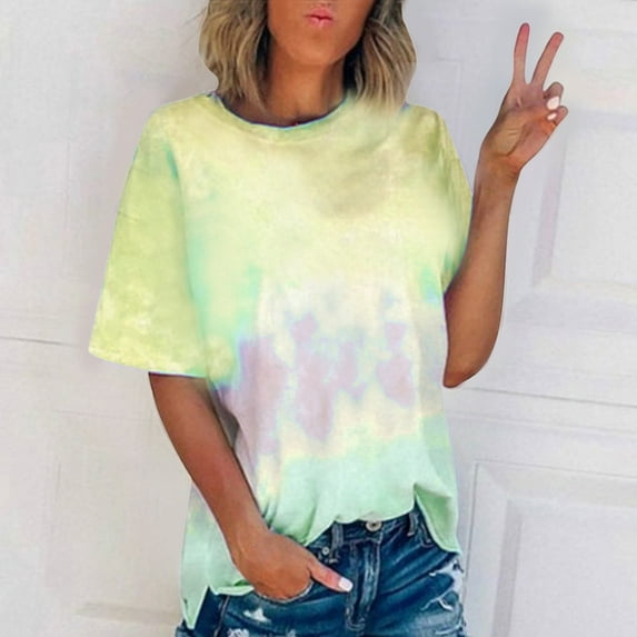 Aoujea Summer Casual Crew Neck Sleeve Short Women's Tops T Shirt Tie Dye Tee Women's Blouse Women Tops on sale under $10 S-2XL