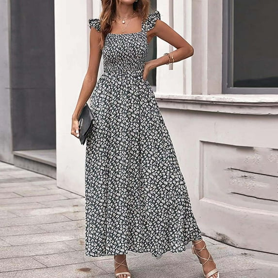 Aoujea Sundresses Fashion Women Dresses Neck Summer Printing Casual Sleeveless Vacation Beach Long Dress Sleeveless Dresses for Women 20$ & Under Dress