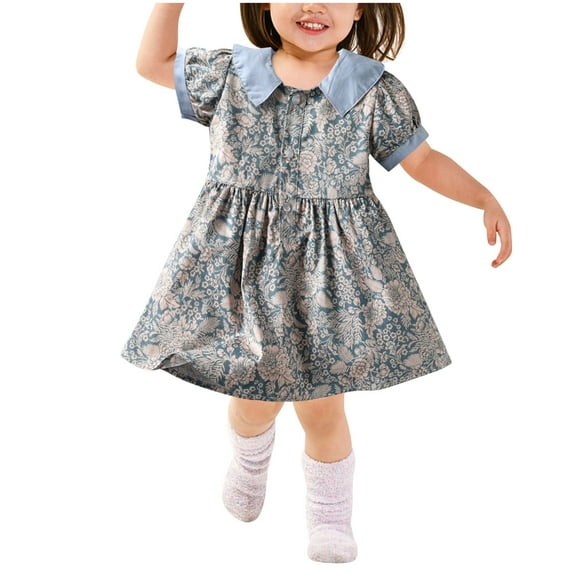 Aoujea Up to 50% off Dress up Clothes for Little Girls Toddler Kids Baby Girls Summer Retro Print Puff Sleeve Dress Princess Dress