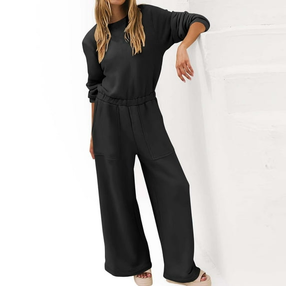 Aoujea Up to 50% off Women Two Piece Outfits Sets Plus Size Solid Color Round-Neck Elastic Waist Pockets Loose Jumpsuit on Clearance
