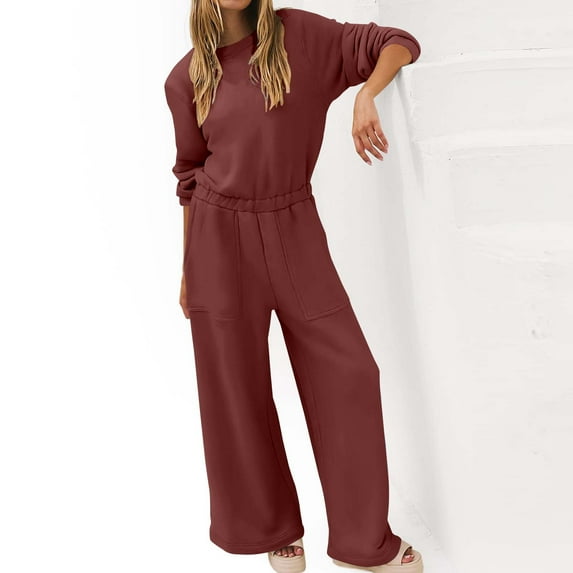 Aoujea Up to 50% off Womens Sweatsuits Plus Size Solid Color Round-Neck Elastic Waist Pockets Loose Jumpsuit on Clearance