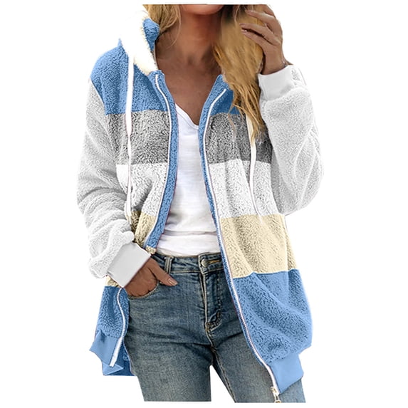 Aoujea Winter Long Coats for Women Plus Size Winter Warm Loose Plush Zip Hooded Colorblock Jacket Coat with Pockets S-5XL