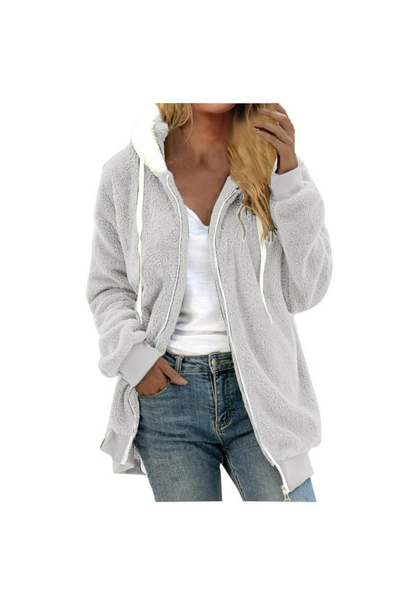 Aoujea Winter Long Coats for Women Plus Size Winter Warm Solid Loose Plush Zip Hooded Jacket Coat with Pockets S-5XL