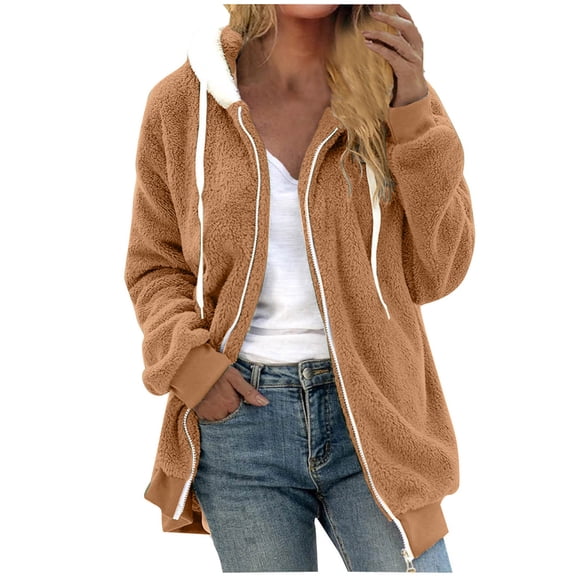 Aoujea Winter Long Coats for Women Plus Size Winter Warm Solid Loose Plush Zip Hooded Jacket Coat with Pockets S-5XL