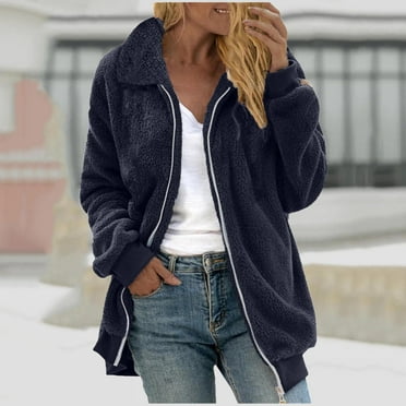 Aoujea Winter Long Coats for Women Solid Plus Size Winter Warm Loose Plush Zip Hooded Jacket Coat with Pockets S-2XL