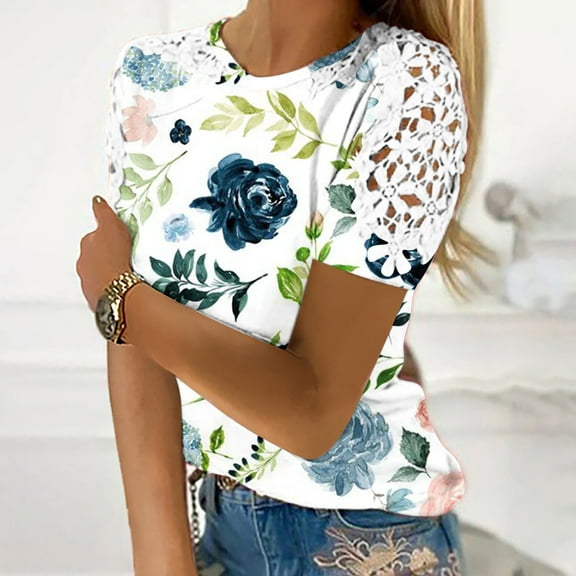 Aoujea Women Casual Printing Round-Neck Lace Hollow Out Short Sleeve Pullover Slimming Blouse T-shirt Tops Women Tops on sale under $10 S-2XL