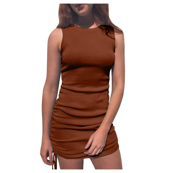 Aoujea Women Dress Women's Summer Solid Color Fashion Slim Pleated Thread Drawstring Sleeveless Crew Neck Dress Summer Sundress Holiday, Gift on Clearance