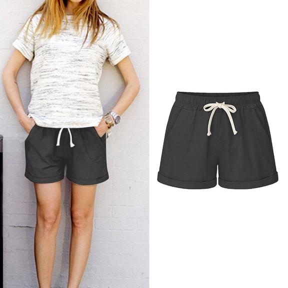 Aoujea Womens Shorts Women Plus Size Shorts Women's Fashionable Solid Color Three Way Pants With Drawstring Shorts Black on Clearance