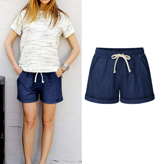 Aoujea Womens Shorts Women Plus Size Shorts Women's Fashionable Solid Color Three Way Pants With Drawstring Shorts Dark Blue on Clearance