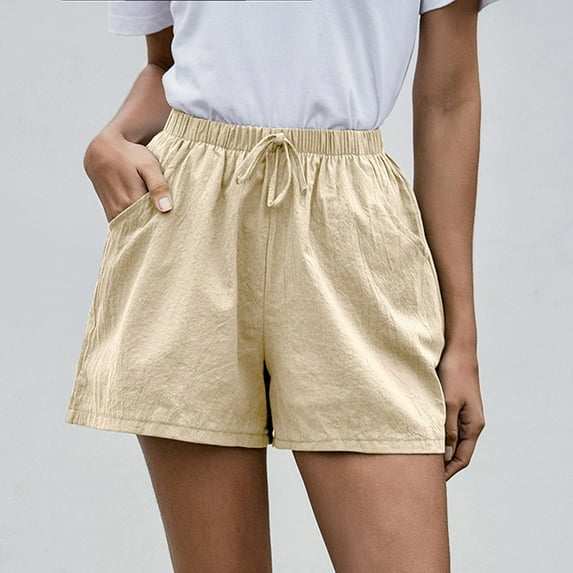 Aoujea Womens Shorts Women Plus Size Shorts Women's Loose Wide Leg Pants Solid Color High Waist Straight Pants Casual Cotton Linen Shorts Khaki on Clearance