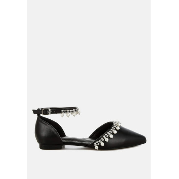 Aouva Rhinestone  Pearl Ankle Strap Flat Sandals