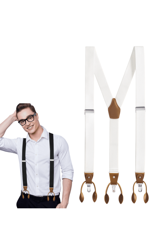 2026 New Fashion White Suspenders For Men - 48" Adjustable Straps 1 1/4" - Y Back With Clips And Buttons