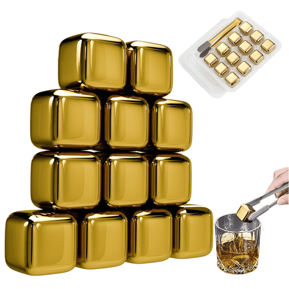 Aovd New Wine Chillers Metal Ice Cube Stainless Steel Whiskey Stones Reusable Whiskey Rocks Beverage Chilling Stones for Scotch and Bourbon Drinking Gifts Set for Men Dad Husband(12Pcs/Gold)