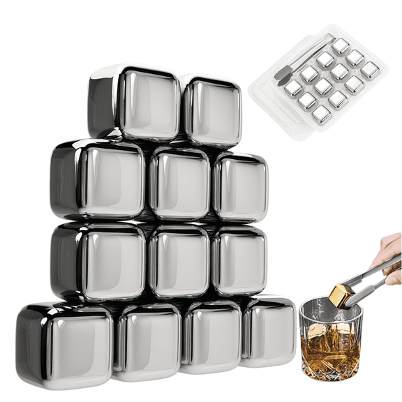 Aovd New Wine Chillers Metal Ice Cube Stainless Steel Whiskey Stones Reusable Whiskey Rocks Beverage Chilling Stones for Scotch and Bourbon Drinking Gifts Set for Men Dad Husband(12Pcs/Siliver)