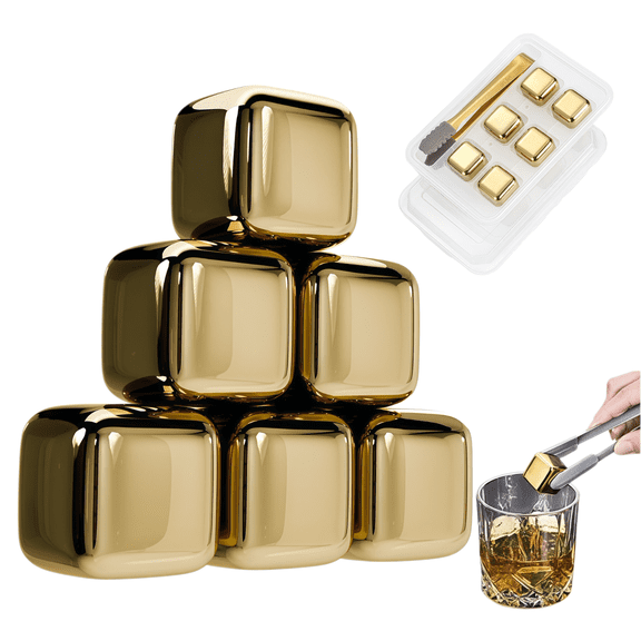 Aovd New Wine Chillers Metal Ice Cube Stainless Steel Whiskey Stones Reusable Whiskey Rocks Beverage Chilling Stones for Scotch and Bourbon Drinking Gifts Set for Men Dad Husband(6Pcs/Gold)