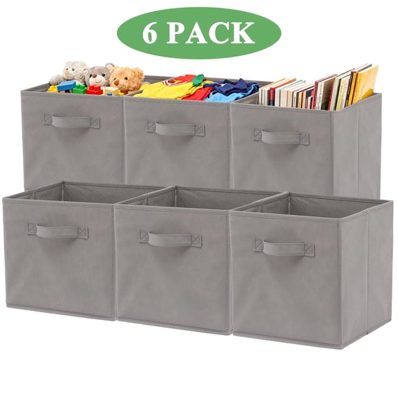 Aovky 11 Inch Cube Storage Bins Organizer, 6 Pack Collapsible Fabric Storage Cube Bins with Handle, Foldable Closet Organizer and Storage Baskets for Shelves, Office, Gray
