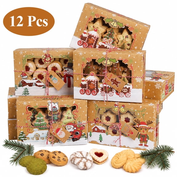 Aovky12Pcs Christmas Cookie Boxes for Gift Giving, 8.7x6x2.8 in Kraft Bakery Box with Window, 4 Designs Treat Boxes for Donut Cupcake Pastry Mini Cake
