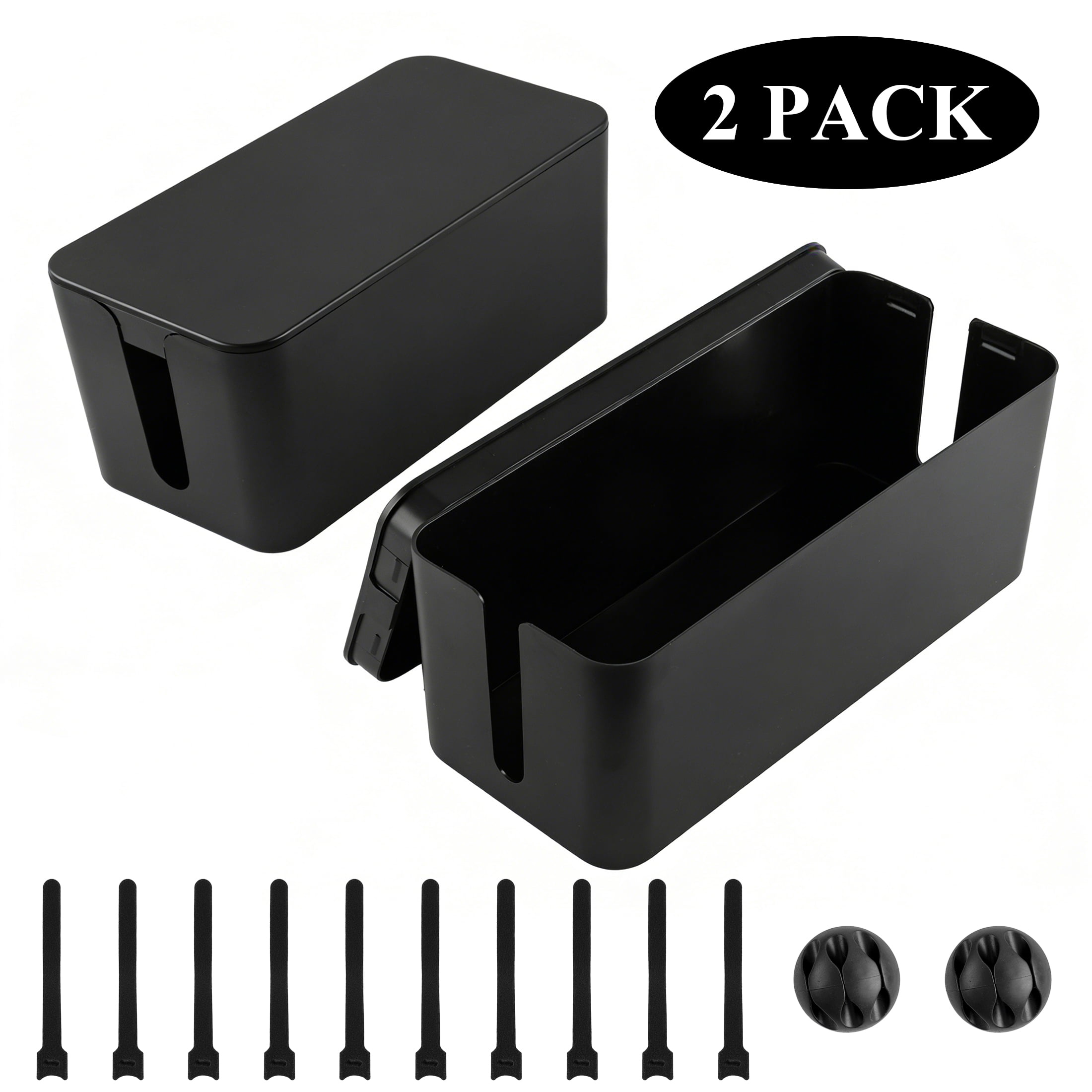 Aovky 2 Pack Large Cable Management Box, Plastic Cord Organizer Box to Hide Power Strip & Under Desk Wires, Cable Organizer with Cable Clips & Cable Ties for TV, Computer, Home & Office, Black
