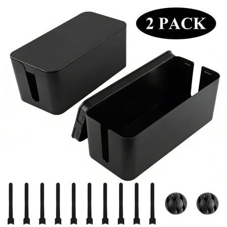 Aovky 2 Pack Large Cable Management Box, Plastic Cord Organizer Box to Hide Power Strip & Under Desk Wires, Cable Organizer with Cable Clips & Cable Ties for TV, Computer, Home & Office, Black