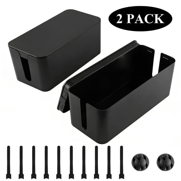Aovky 2 Pack Large Cable Management Box, Plastic Cord Organizer Box to Hide Power Strip & Under Desk Wires, Cable Organizer with Cable Clips & Cable Ties for TV, Computer, Home & Office, Black