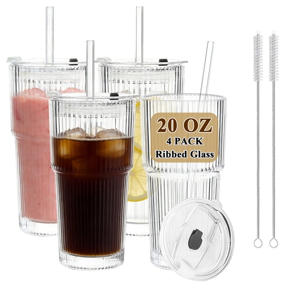 Aovky 20oz Glass Cups with Lids and Straws, 4 Pack Ribbed Glass Tumbler with Straw and Lid, Cute Glass Iced Coffee Cup for Smoothies, Cocktails, and Juices, Thicken Glassware Set for Home, Office