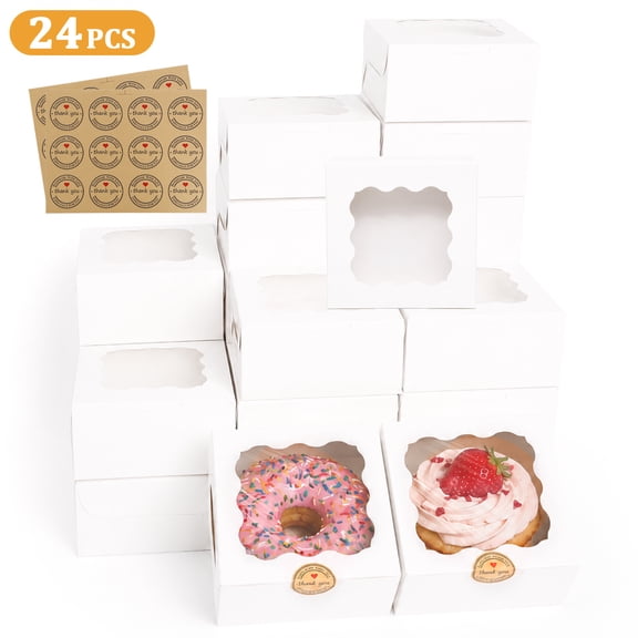 Aovky Cookie Boxes with Window, 6x6x3 Inch, 24 Pcs White Bakery Boxes with Stickers for Pastry, Chocolate Strawberries, Cakes, Macarons, Parties, Weddings, Birthdays & Holiday Gifts