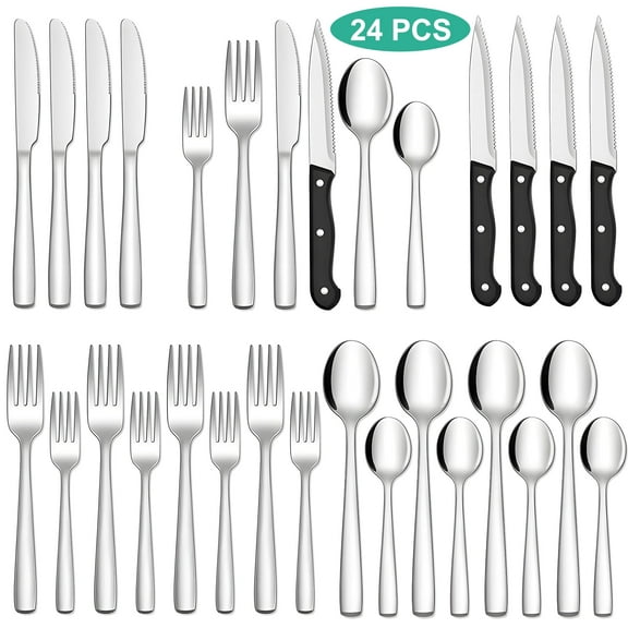 Aovky 24 Pcs Silverware Set with Steak Knives Service for 4, Premium Stainless Steel Flatware Set for Home Kitchen, Mirror Finished Utensil Sets Includes Spoons Forks Knives