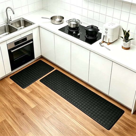 Aovky 2PCS Kitchen Mats for Floor, Cushioned Anti Fatigue Kitchen Mats, Non-Slip Comfort Standing Kitchen Rugs, Kitchen Floor Mat for Home, Office, Sink, Laundry, Entryway, (17"x47" + 17"x29" Black)