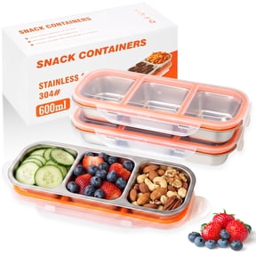 Aovky 3 Pack Stainless Steel Snack Containers, Reusable 3 Compartment Snack Containers with Lids, Divided Food Storage Container, Stackable Metal Lunch Box for Office Travel Outdoor Camping