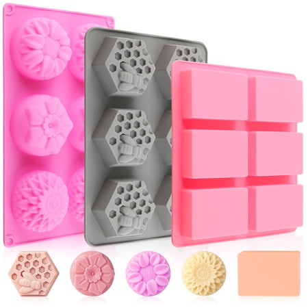 Aovky 3 Pcs Silicone Soap Molds for Soap Making, 6 Cavity Soap Making Molds, Rectangle Honeycomb Flower Pattern Silicone Molds for Homemade Craft Soap Bath Bombs DIY Wax Melts Beeswax