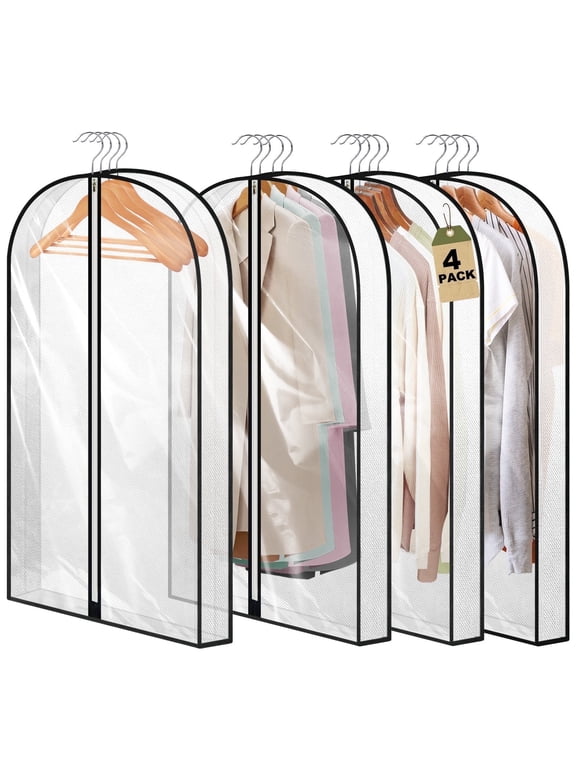 40” Garment Bag, Clear Garment Bags for Hanging Clothes with 4" Gusseted, Suit Bags for Closet Storage and Travel for Coat, Jacket, Sweater, Shirts, 4 Packs