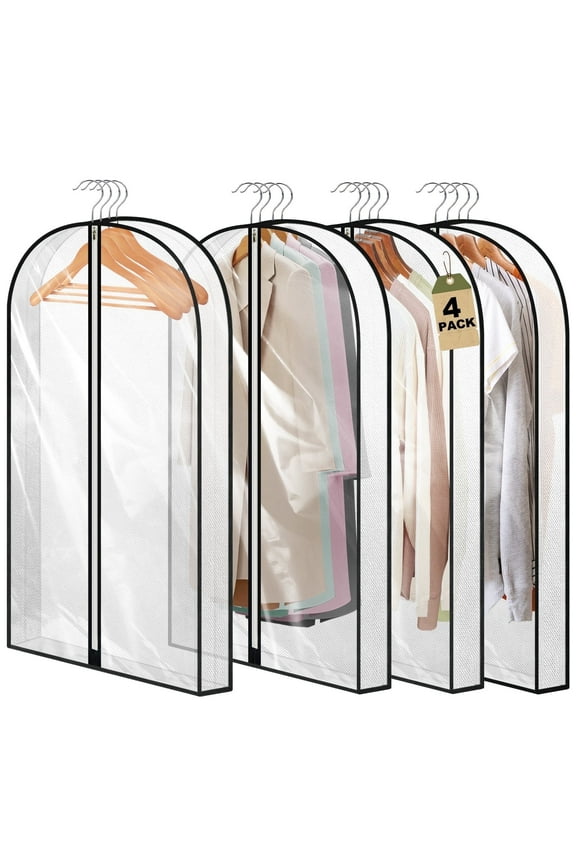 40” Garment Bag, Clear Garment Bags for Hanging Clothes with 4" Gusseted, Suit Bags for Closet Storage and Travel for Coat, Jacket, Sweater, Shirts, 4 Packs