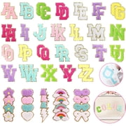 Aovky 72Pcs Chenille Letter Patches, Chenille Patches Iron on Letters Self Adhesive Embroidered for DIY, Letter Lightning Heart Rainbow Flower Bowknot Stickers for Clothing, Hats, Backpacks, Bags