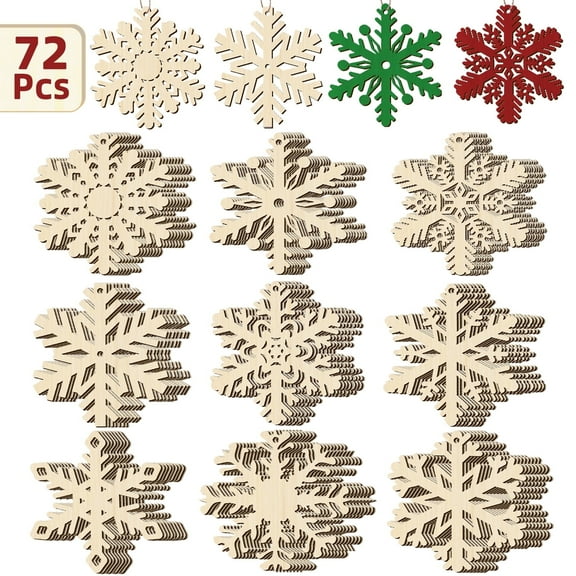 Aovky 72 Pcs Wooden Christmas Snowflakes Ornaments for Crafts, 9 Design Unfinished Wooden Snowflakes Blank Wood Cutouts Embellishments for Xmas Tree Hanging, Diy Paint, Tags, Winter Holiday Decor
