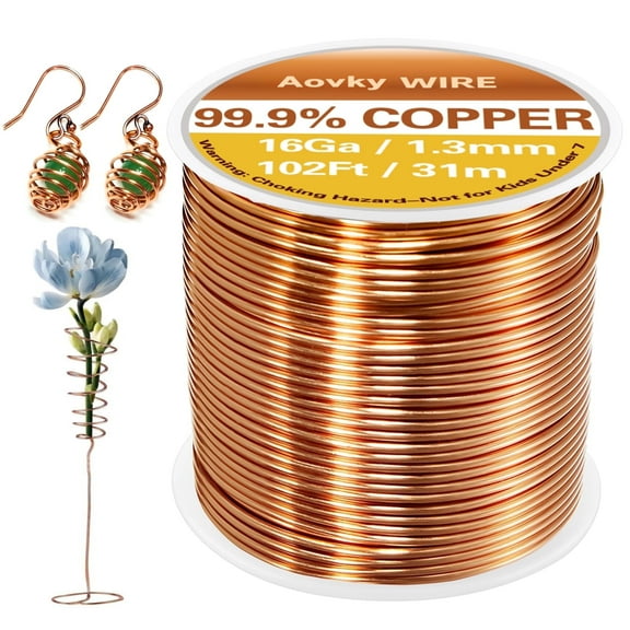 Aovky Pure Copper Wire, 16 Gauge 102 Feet Bendable Soft Solid Bare Copper Wire for Jewelry Making, Crafts, Electroculture, Gardening, Antennas, and Plant Support