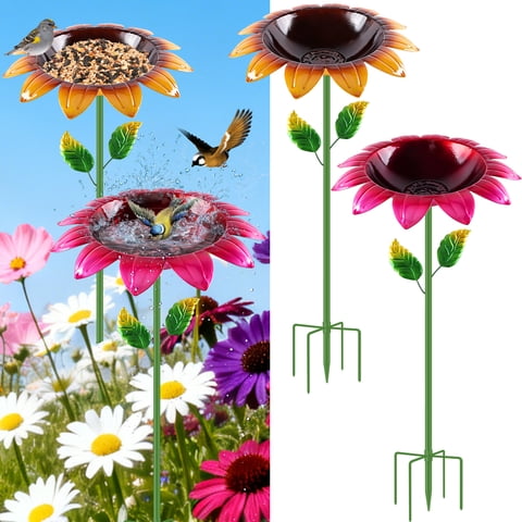 Aovky Bird Bath for Outside, 2 Pack Heavy Duty Bird Baths with Metal Ground Stake and 5-Prong Base, Freestanding Flower Birdbath for Outdoors Deep Water Bowl Birdfeeder Lawn Yard Garden Decor