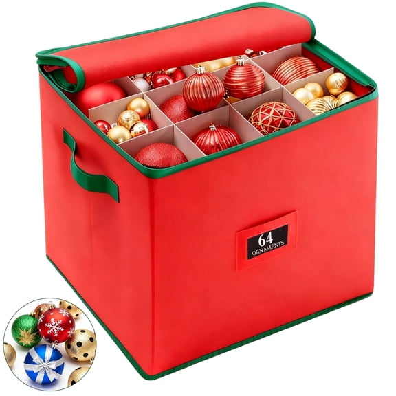 Aovky Christmas Ornament Storage Box, Holds Up to 64 Holiday Ornaments Balls, Storage Organizer with Adjustable Dividers, Dual Zipper, Christmas Decoration Storage for 3 inch Bulbs, Red
