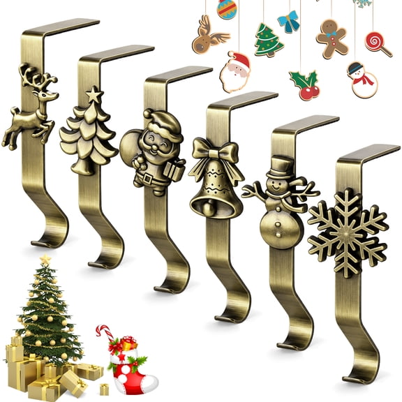Aovky Christmas Stocking Holders for Mantle, 6 Pcs Metal Stocking Hangers with Silicone Pads, Antique Finish Holiday Hooks for Fireplace Mantels and Shelves