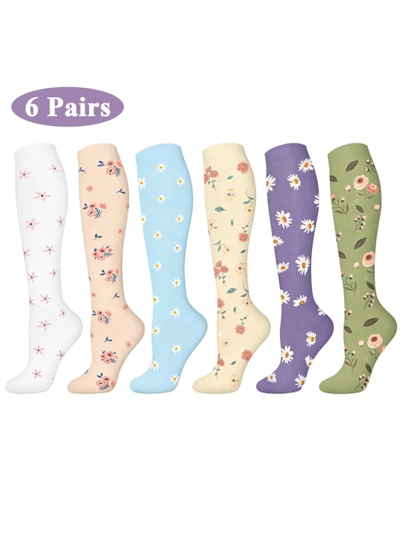 Compression Socks for Women, 6 Pairs Knee High Graduated Compression Athletic Socks, Breathable Lightweight Sports Socks for Running, Hiking, Travel, Workouts and Everyday Wear