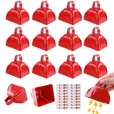 Aovky 15 Pack Cow Bell, 3 Inch Cowbells for Sporting Events, Bulk Loud Noise Makers for Cheering, Red Metal Hand Percussion Alarm Call Bells with Handle for Football Games Weddings Celebrations