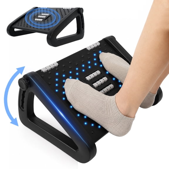Aovky Under Desk Footrest, Five-Height Adjustable Foot Rest with Massage Roller, Ergonomic Foot Stool for Office Desk, Chair, Leg Support, Home and Work Use