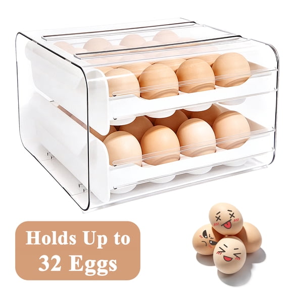 Aovky Egg Holder for Refrigerator, 32 Eggs 2-Tier Stackable Storage Container with Smooth Pull-Out Drawers, Clear Large-Capacity Egg Organizer with Handles for Fridge, Kitchen and Pantry