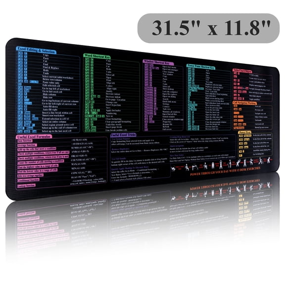 Aovky Excel Cheat Sheet Desk Pad, Large Office Excel Mouse Pad, Word/Window/PPT/Excel Shortcuts Cheat Sheet Desk Mat, PC Office Spreadsheet Keyboard Mat Anti-Slip Stitched Edges, 31.5 x 11.8in