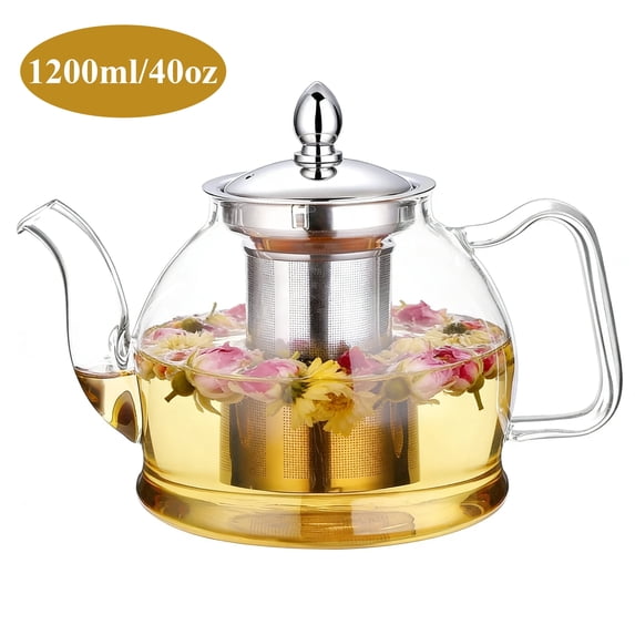 Aovky Glass Teapot with Infuser 40oz/1200ml, Borosilicate Glass Tea Kettle with Removable Stainless Steel Infuser, Stovetop Safe Tea Pot with Infusers for Loose Tea & Flower Blooming Tea