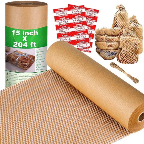 Aovky Honeycomb Packing Paper, 204' x 15" Cushion Packing Paper for Moving Shipping Packaging Breakables, Substitute Alternative for Bubble Cushioning Wrap Roll Kraft with 20 Fragile Stickers